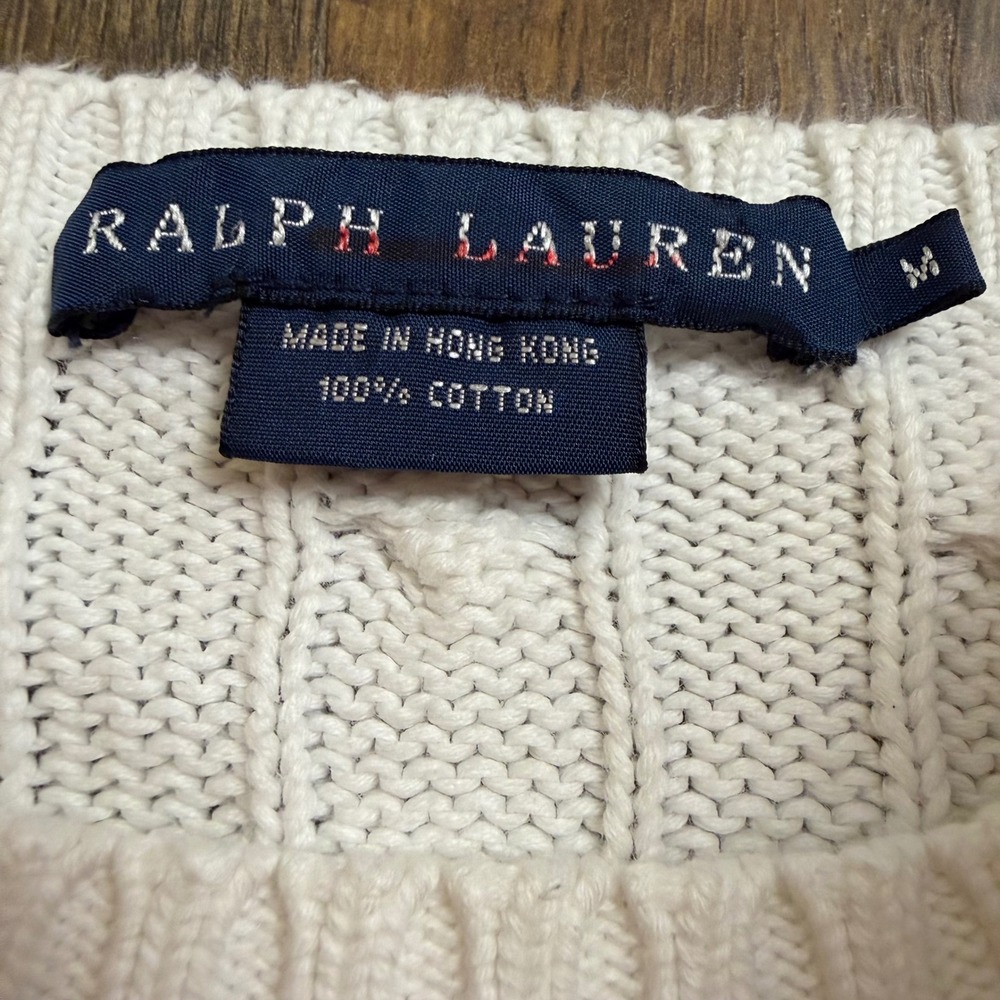 Vintage Polo Ralph Lauren Women's M Cable Knit Sweater Cream Ivory Cotton Preppy - Picture 2 of 10